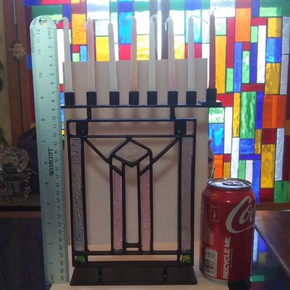 Unique handmade rustic hanukiah metal and stained glass Judaic candelabra - Picture 2 of 16
